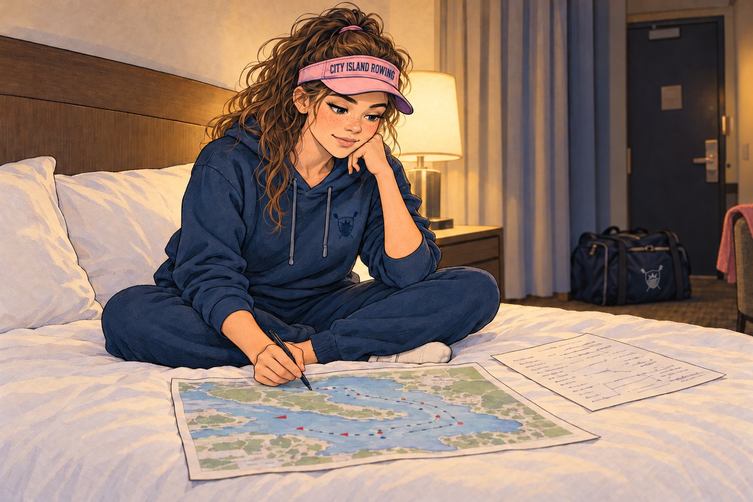 Sally on a hotel bed the night before a race, studying the course map