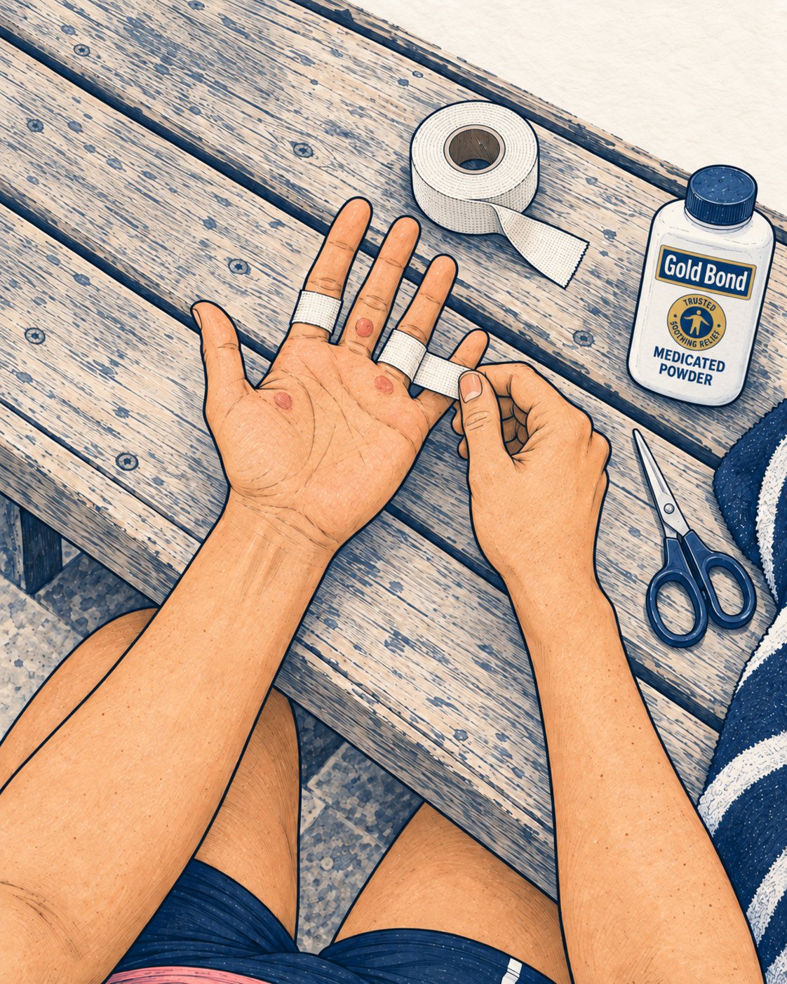 Hands taping a finger on the dock, with tape, scissors, and a bottle of medicated powder