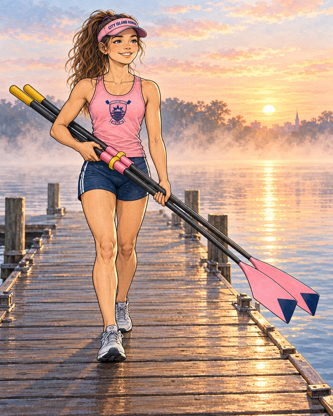 Sally carrying a pair of oars down the dock at sunrise, blades up, careful and deliberate