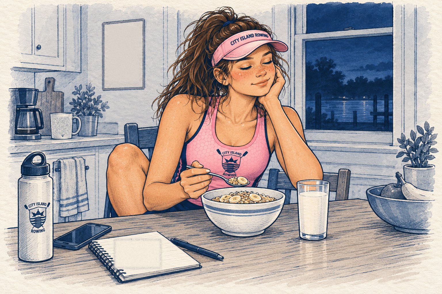 Sally eating breakfast before dawn