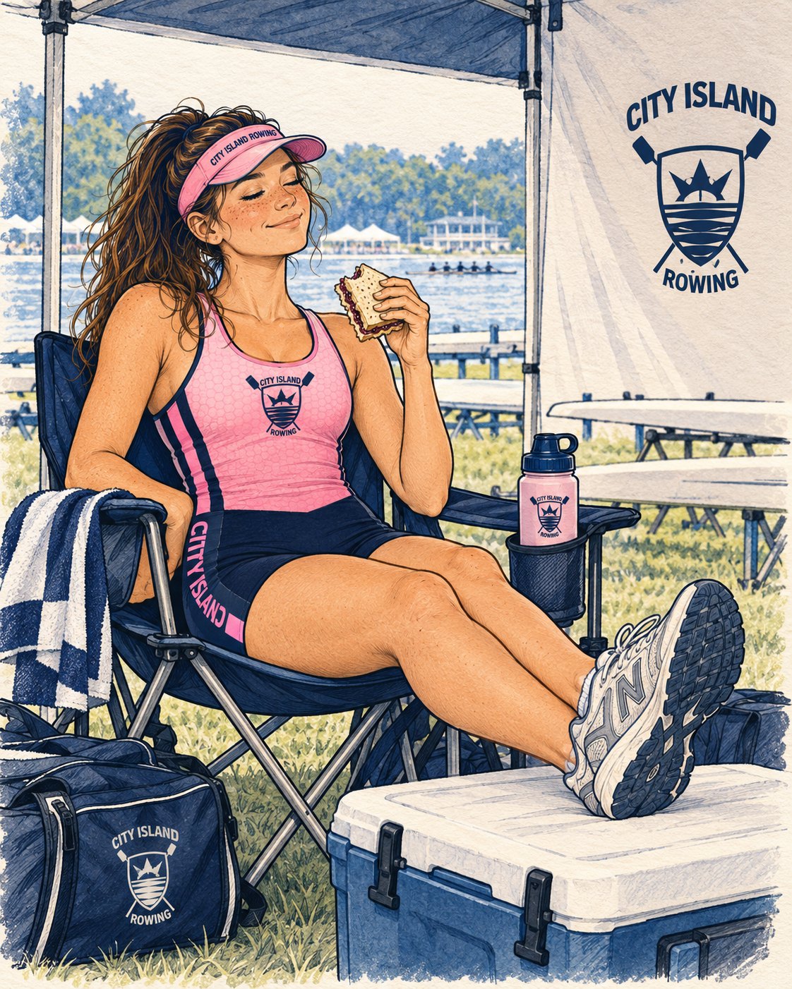 Sally in the shade of the team tent between races, feet up on a cooler, eating a sandwich