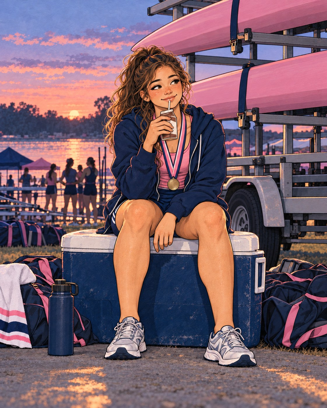 Sally on a cooler at dusk with a medal, drinking chocolate milk, the boat trailer behind her