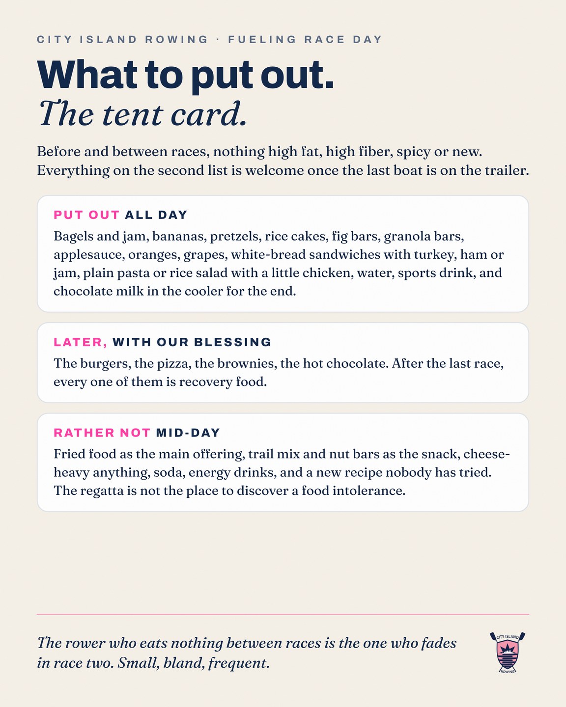 The tent card: what to put out all day, what to save for after the last race, and what to leave at home