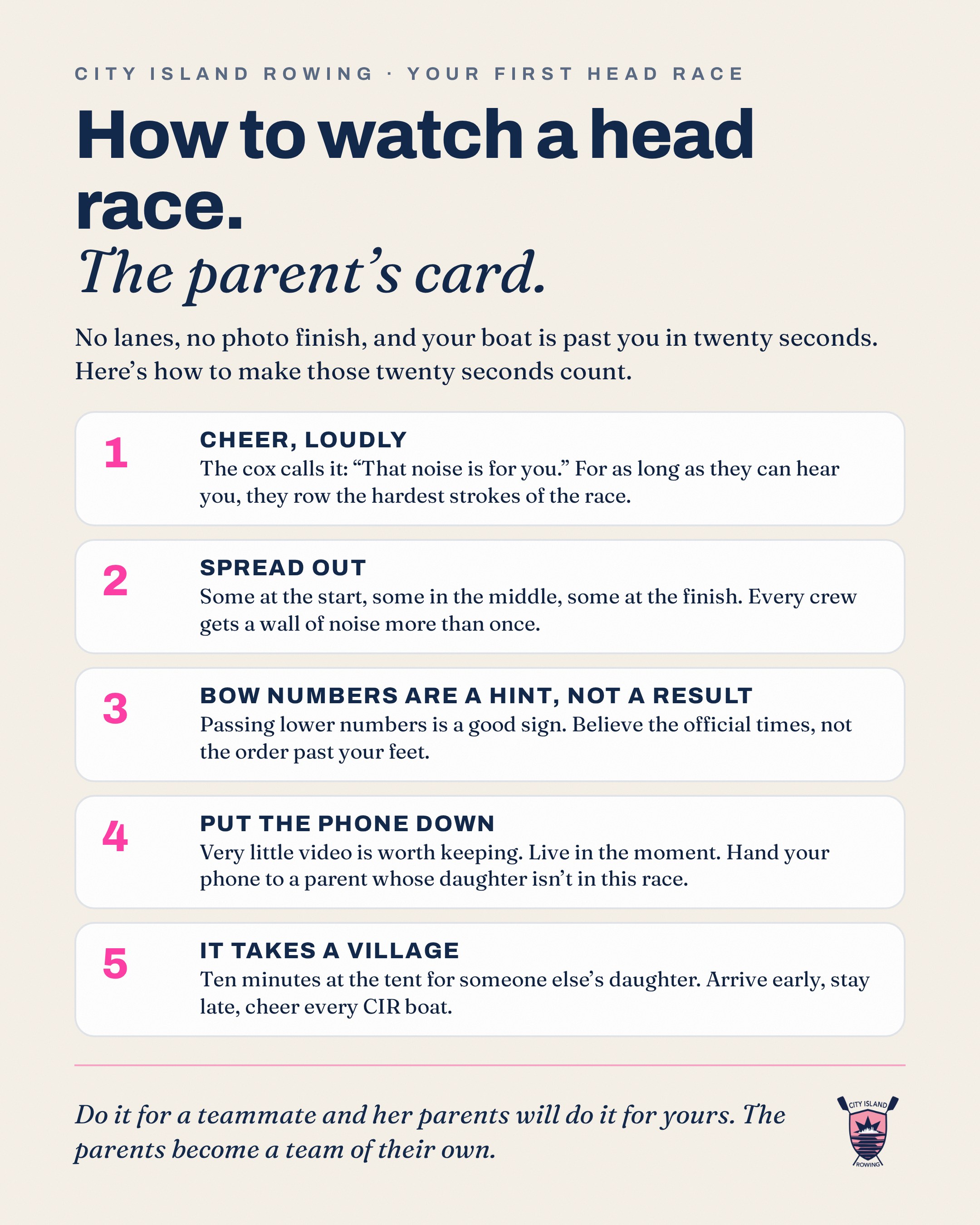 The parent's card: how to watch a head race in five points: cheer loudly, spread out, bow numbers are a hint not a result, put the phone down, it takes a village