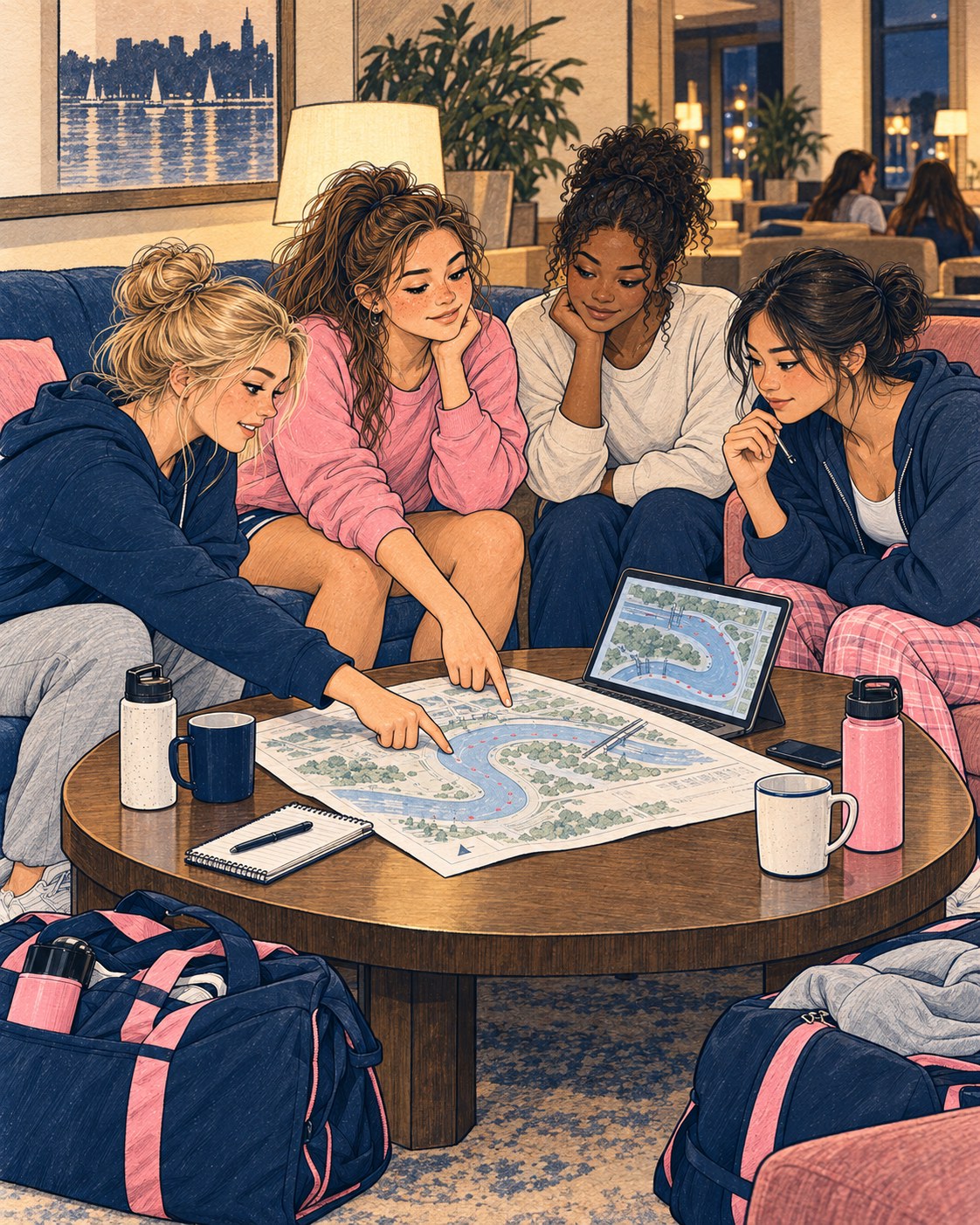 Sally and three crewmates at a hotel table the night before, leaning over a course map, one finger on the turn