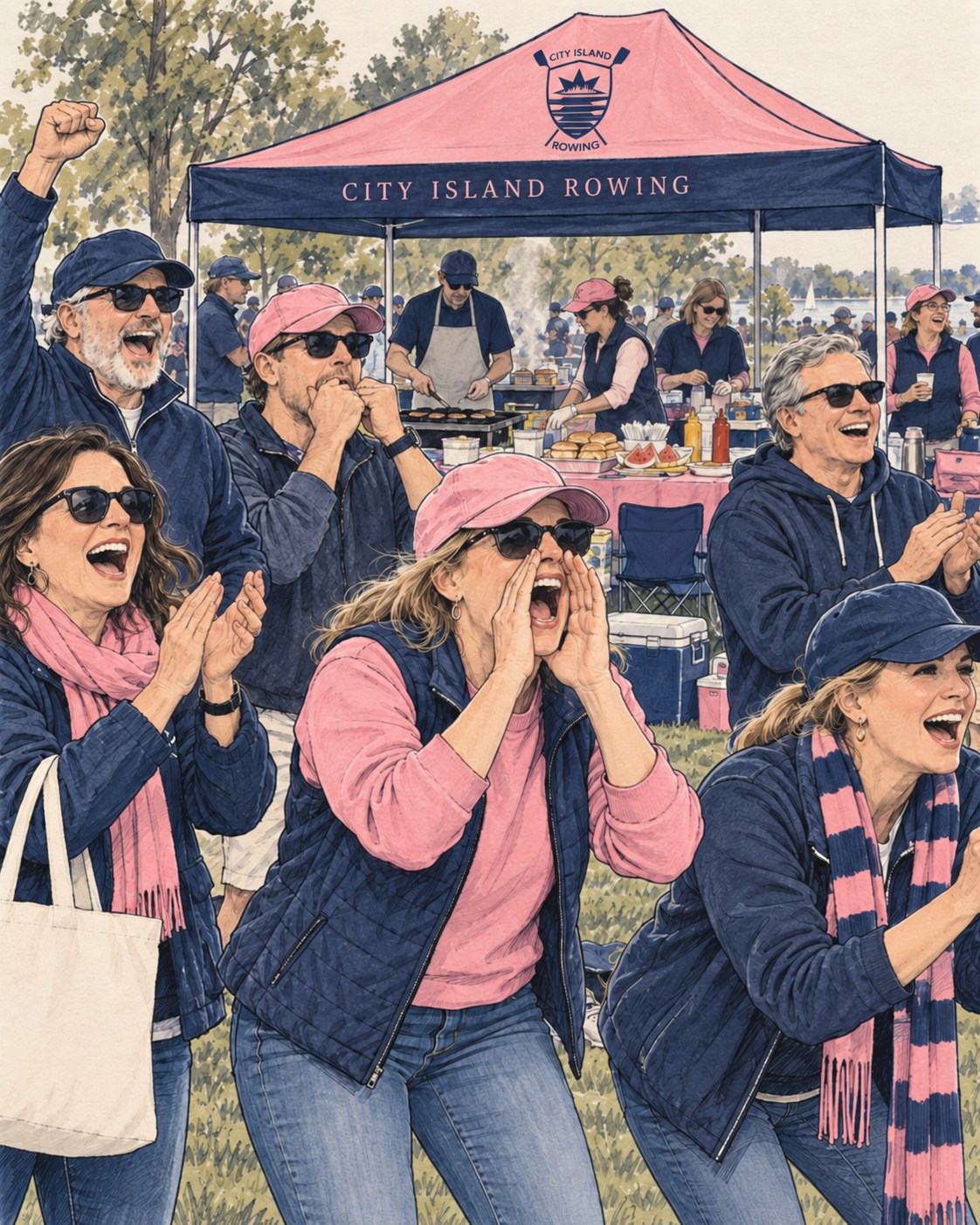 City Island Rowing parents in pink and navy at the PA tent, one mum with hands cupped to her mouth, all cheering as a boat passes