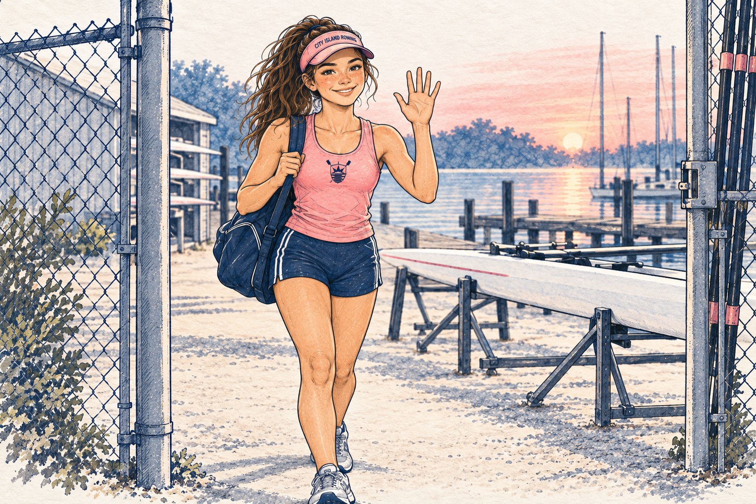 Sally walking through the marina gate at sunrise, hand raised in hello