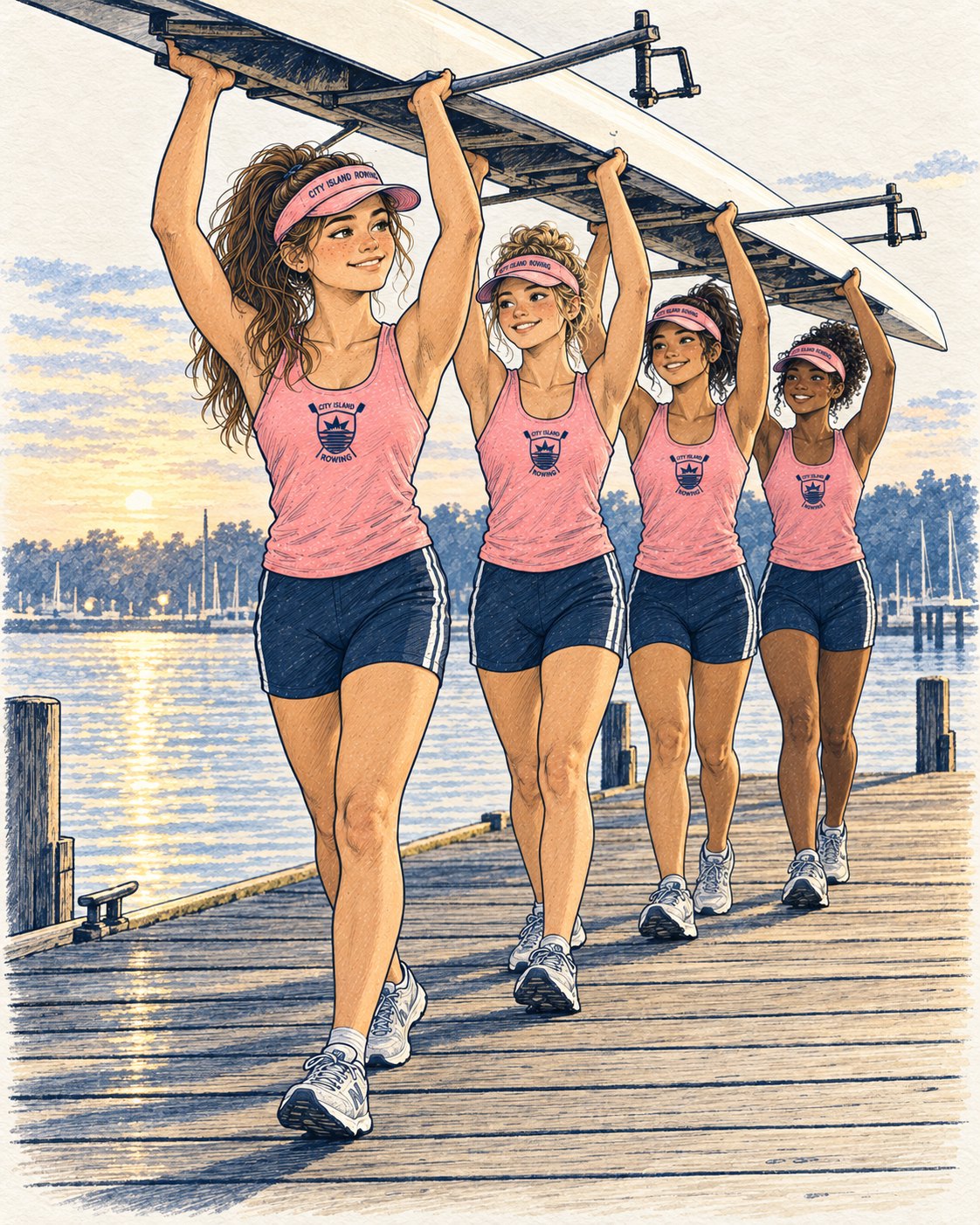 Sally and three teammates carrying a shell overhead down the dock, in step