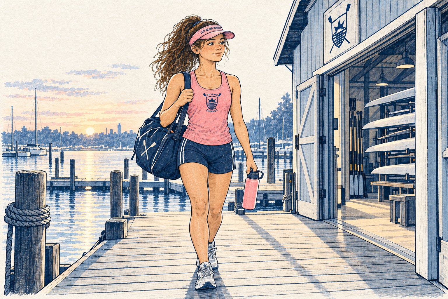 Illustration of a CIR athlete in a pink visor walking down the dock to the boathouse at dawn, kit bag over her shoulder