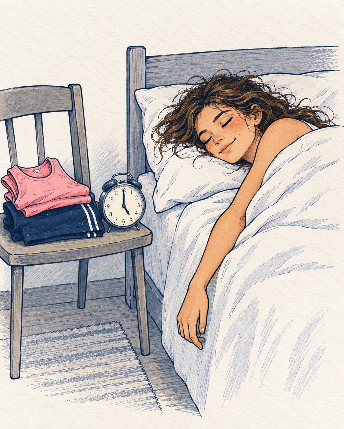 Sally asleep, her kit folded on the chair beside the bed and the alarm set for five