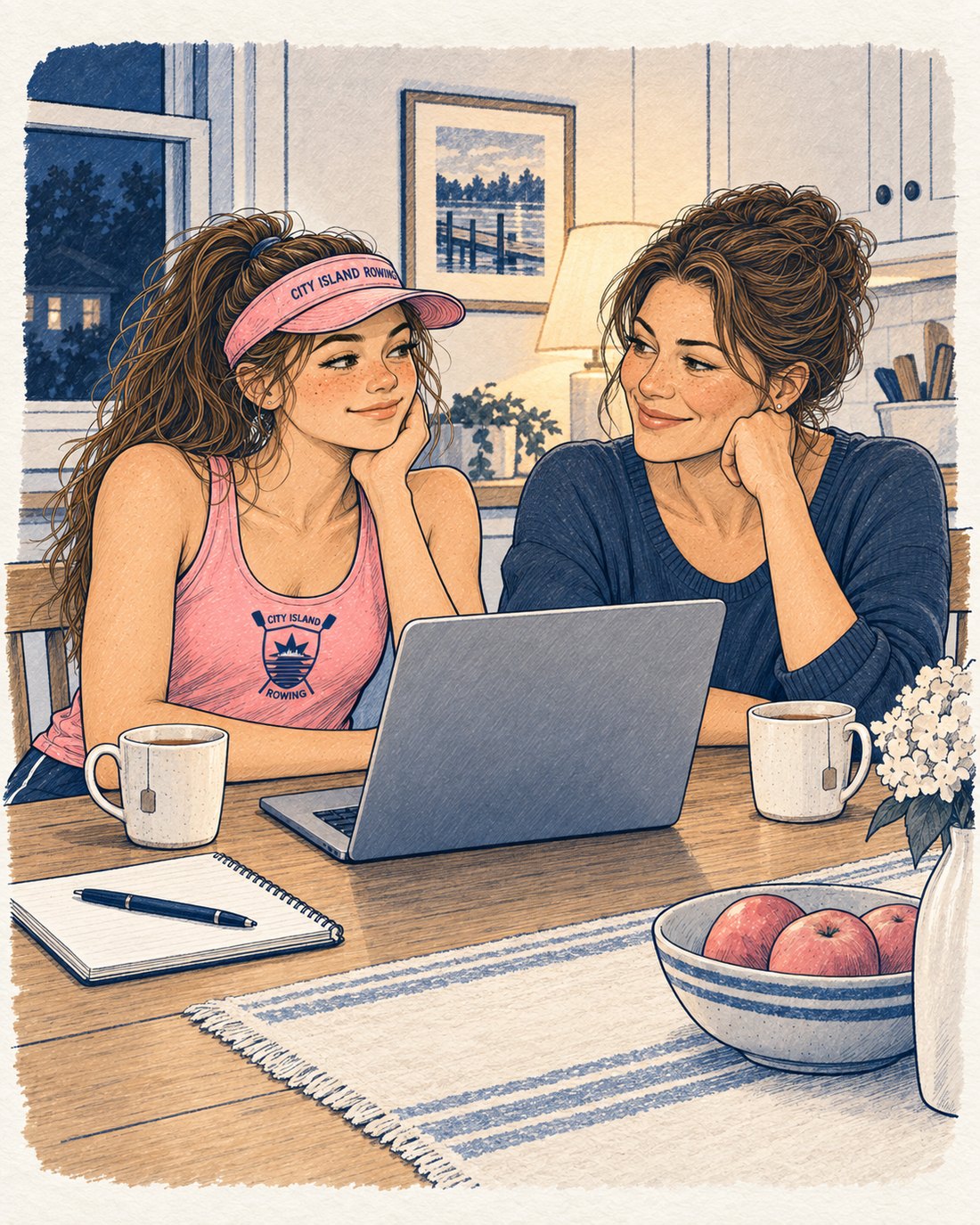 Illustration of a CIR athlete and her mother at the kitchen table for the Sunday evening recruiting check-in, laptop open between them