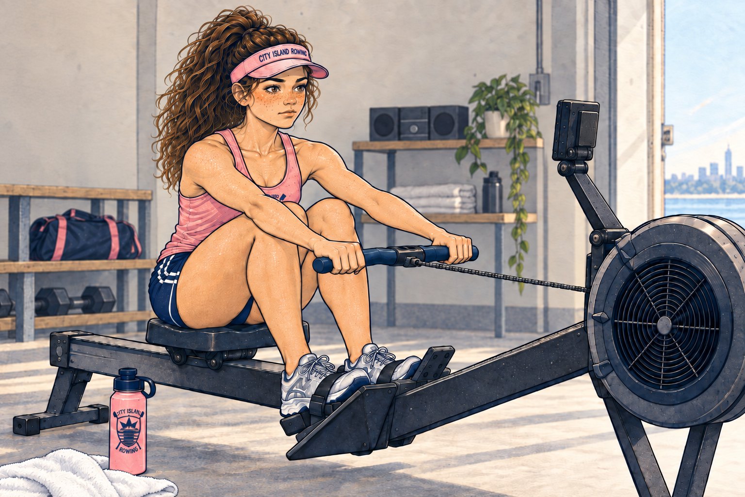 Sally at the catch on a Concept2 erg, CIR visor on, city skyline through the boathouse door