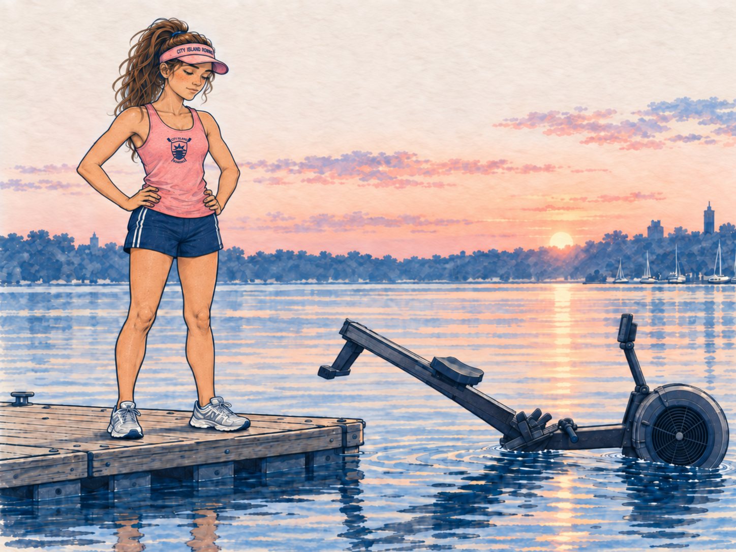 Sally on the dock at sunset, hands on hips, watching an erg sink nose-first into the bay
