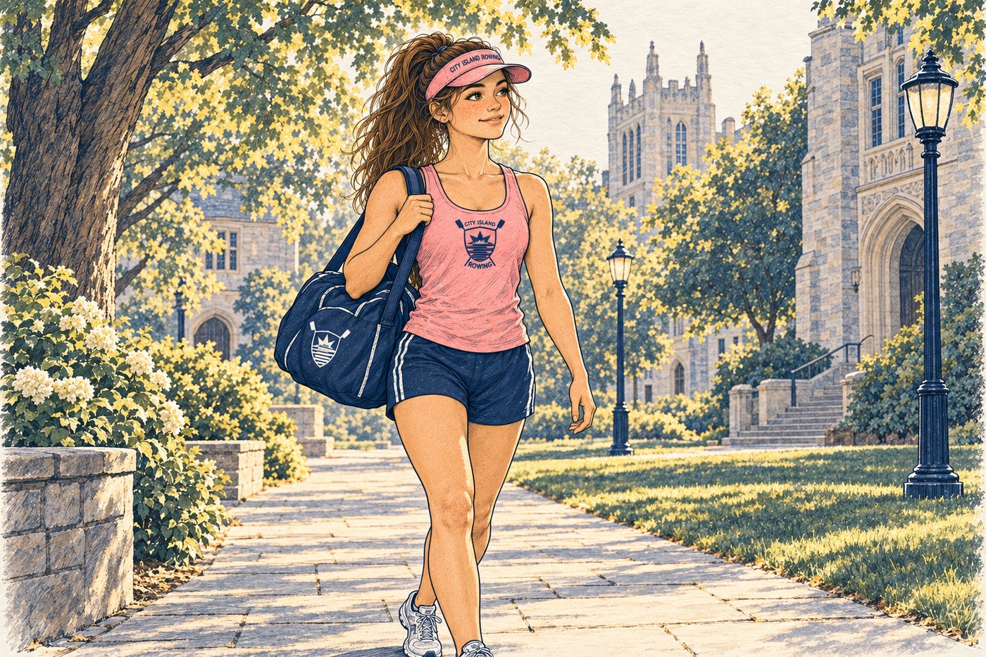 Illustration of a CIR athlete with her duffel bag walking up a leafy college campus path on an official visit