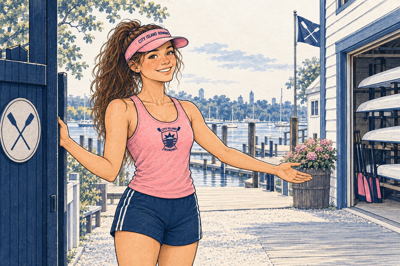 Sally at the boathouse, arm out in welcome, oars racked behind her