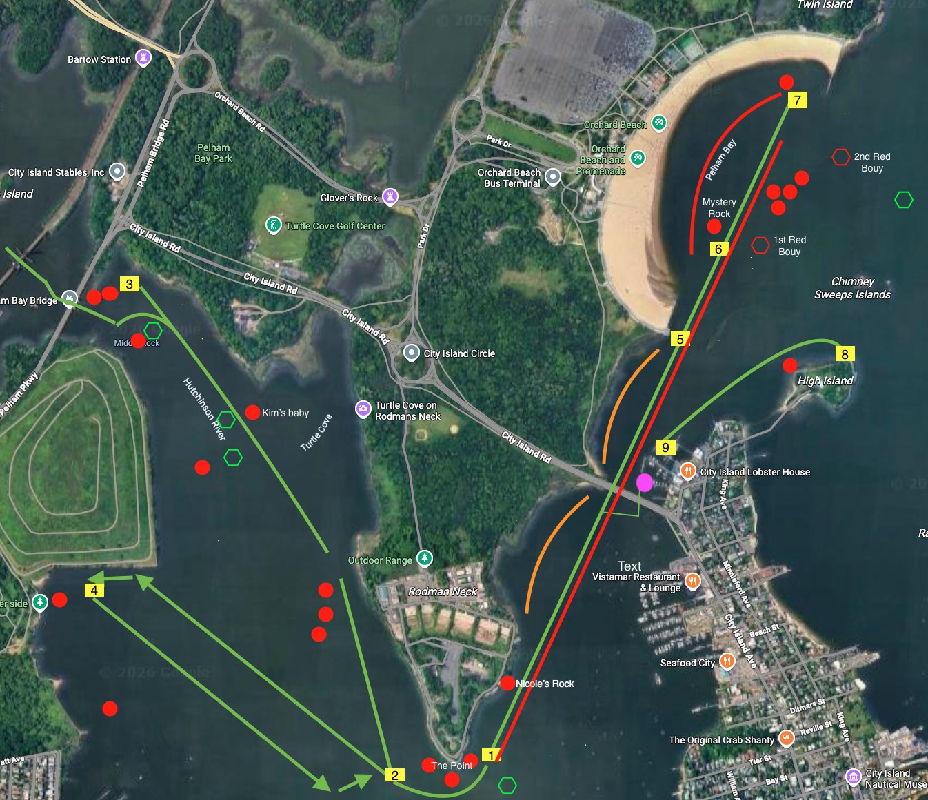 Aerial traffic pattern map: green travel lines, red no-travel channel through the middle of the bay, red rock markers, orange drills-only arcs, numbered staging points