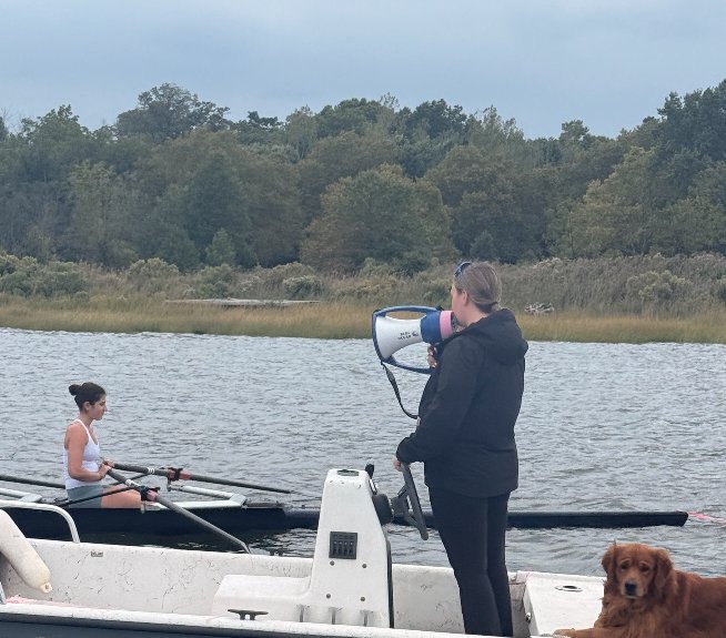 Coach Katie on the launch with the megaphone, and Hudson