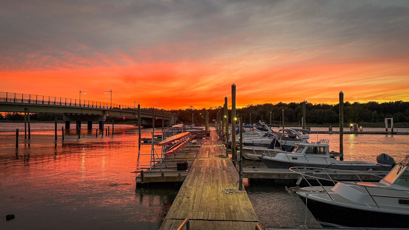 The marina under a red sky at dawn