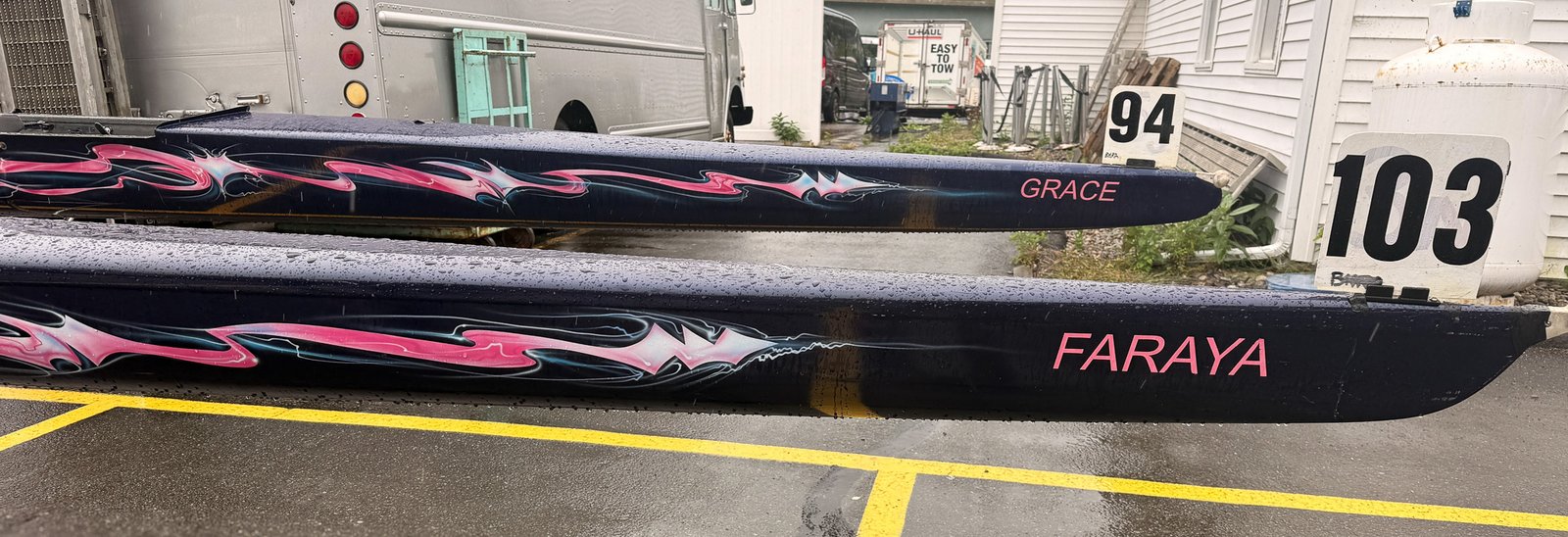 Boats loaded on the trailer, bow numbers still on